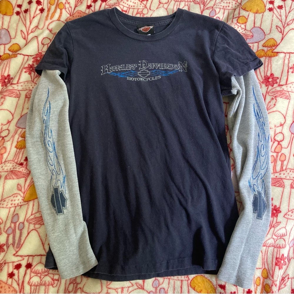 Harley Davidson Blue and Gray Long Sleeve Layered Shirt Sz M